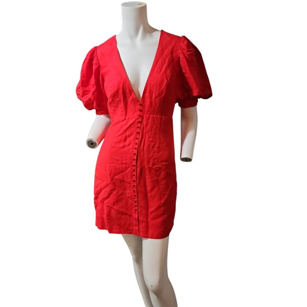 Bardot Talullah Linen Blend Minidress Puff Sleeves Button Accents Plunge Neck